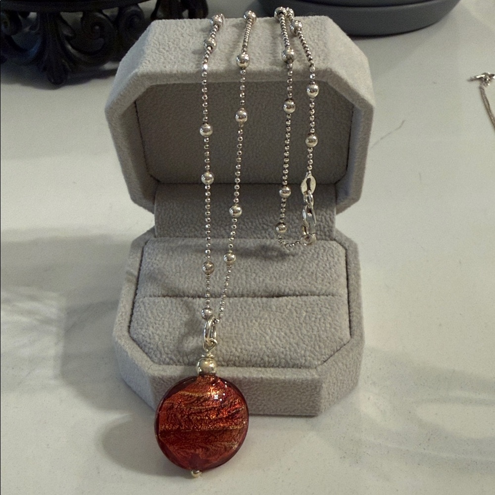 Murano Red Glass Pendant Necklace on Sterling Silver Chain - Women Jewelry